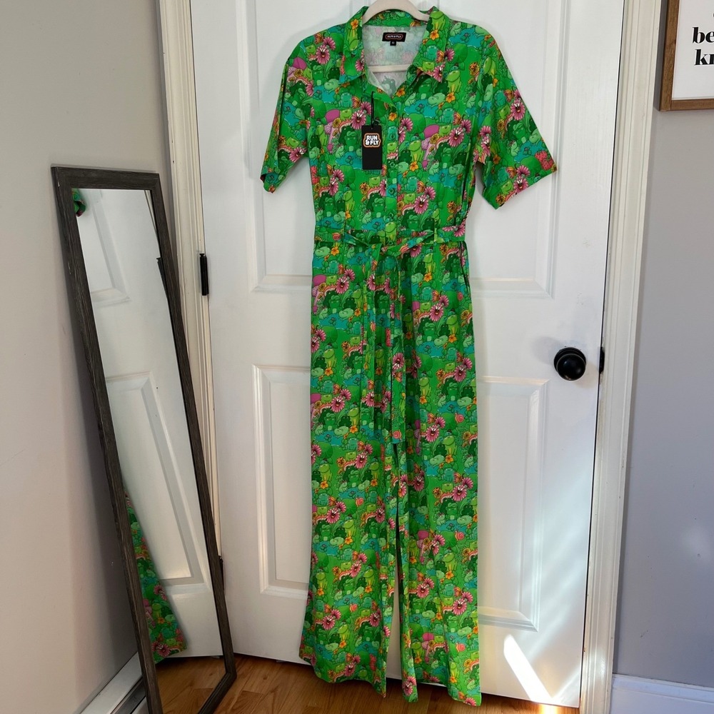 Green Floral Button-Front Jumpsuit with Tie Waist